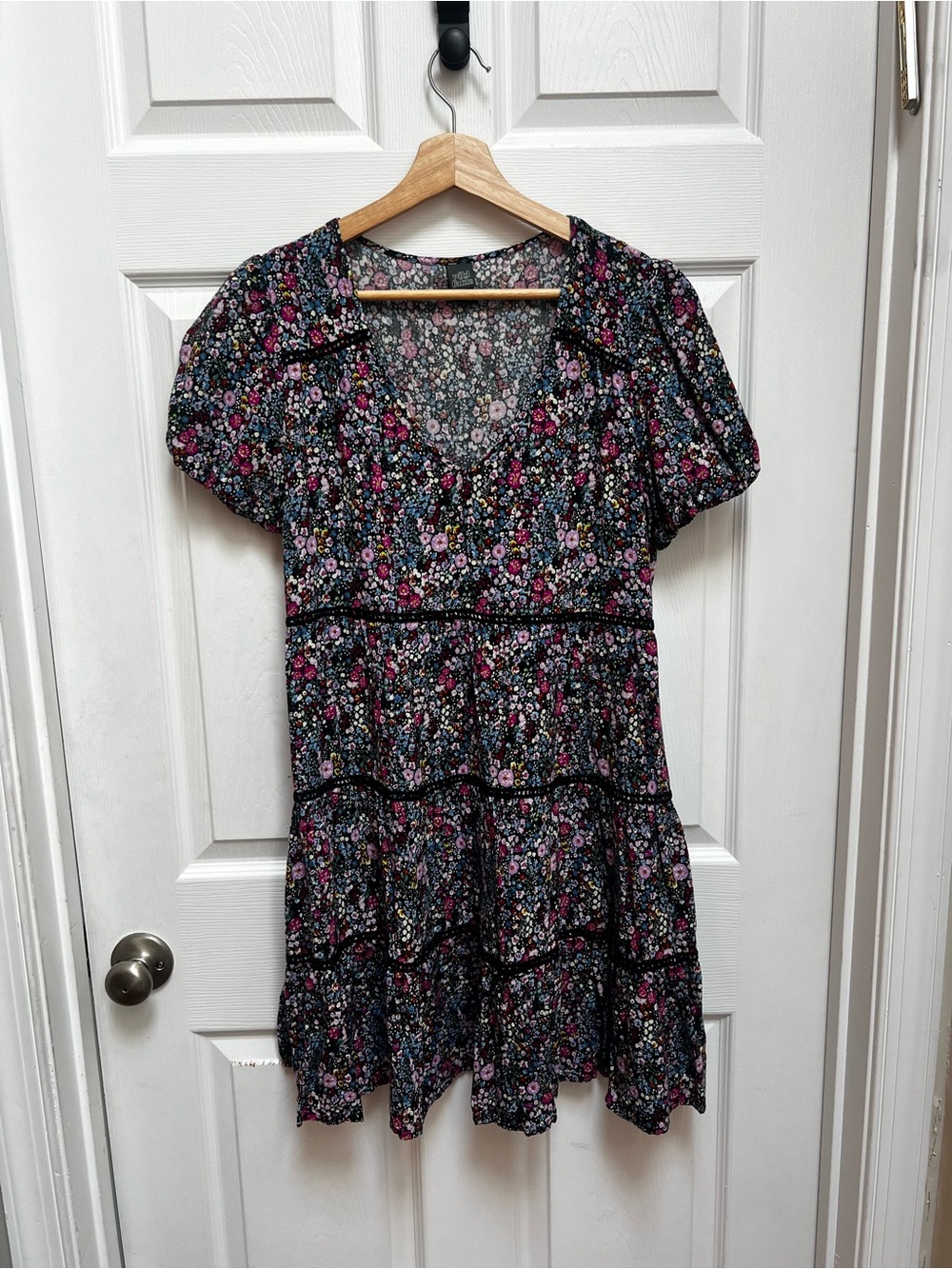 wild fable Black Floral Mini Dress with Pink & Purple Blooms